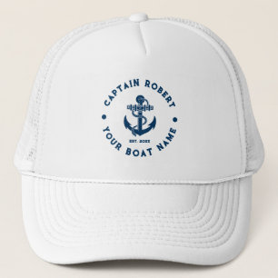 Navy Blue And White Vintage Nautical Boat Anchor Trucker Hat
