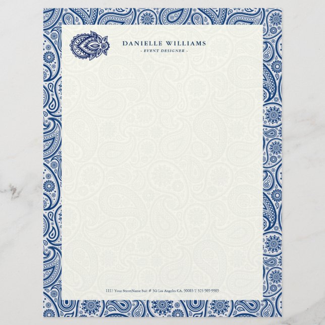 Navy-blue and white vintage paisley custom letterhead (Front)