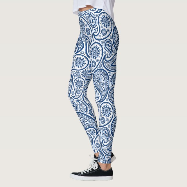 Navy-blue and white vintage paisley pattern leggings (Left)