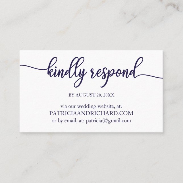 Navy Blue And White Wedding Online RSVP Business Card (Front)