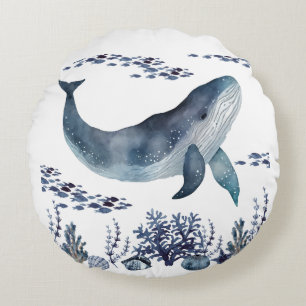 Navy Blue And White Whale Nautical Round Cushion