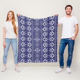 Navy Blue and White Winter Fair Isle Christmas Fleece Blanket