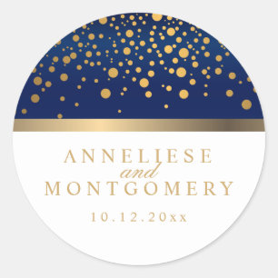 Navy Blue and White with Gold Confetti Dots Classic Round Sticker