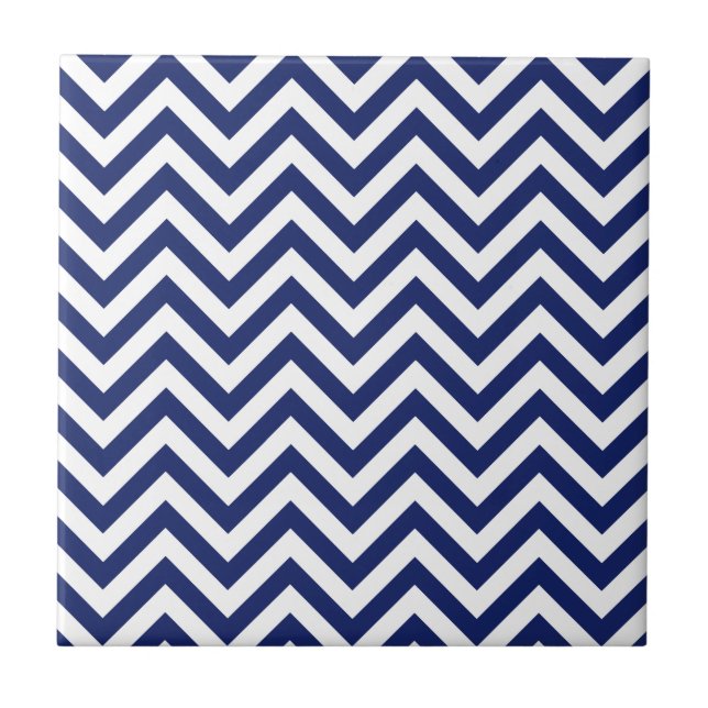 Navy Blue and White Zigzag Stripes Chevron Pattern Ceramic Tile (Front)