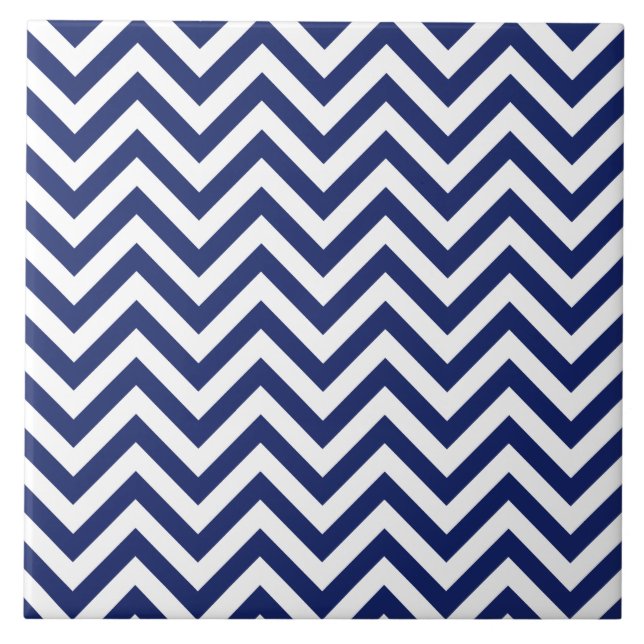 Navy Blue and White Zigzag Stripes Chevron Pattern Tile (Front)