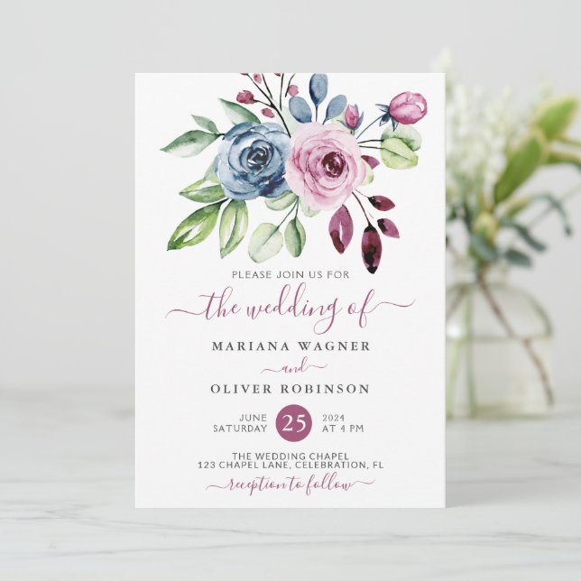 Navy Blue and Wine Watercolor Floral Wedding Invitation (Standing Front)
