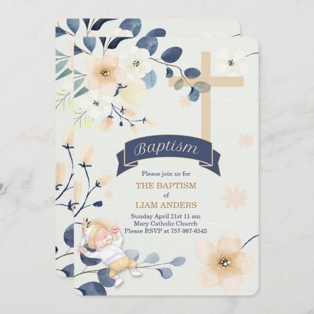 Navy Blue and Yellow Blossoms Christian Baptism Invitation (Front/Back)