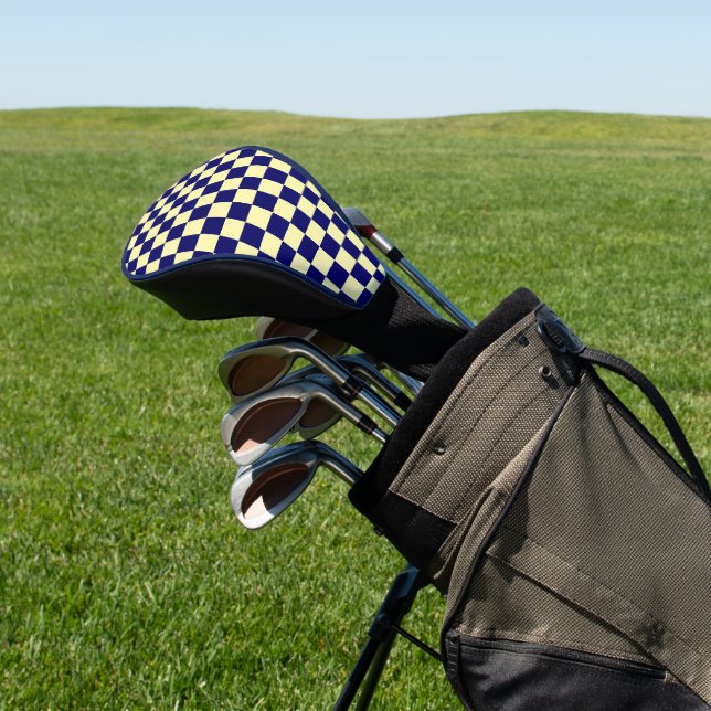Navy Blue and Yellow Checkerboard Pattern Golf Head Cover (In Situ)