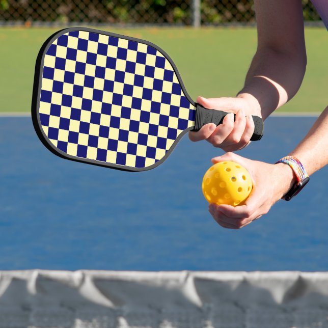 Navy Blue and Yellow Checkerboard Pattern Pickleball Paddle (Insitu)