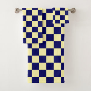 Navy Blue and Yellow Chequerboard Pattern Bath Towel Set