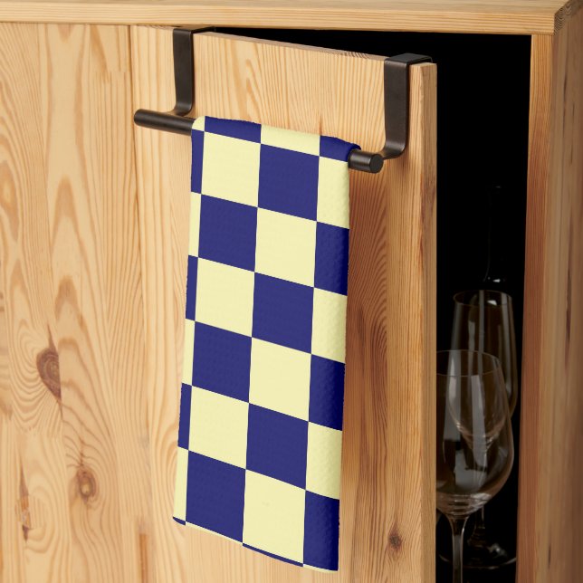 Navy Blue and Yellow Chequerboard Pattern Tea Towel (Thirds Fold)
