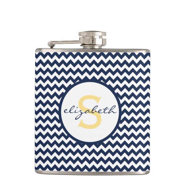 Navy Blue and Yellow Chevron Monogram Hip Flask (Front)