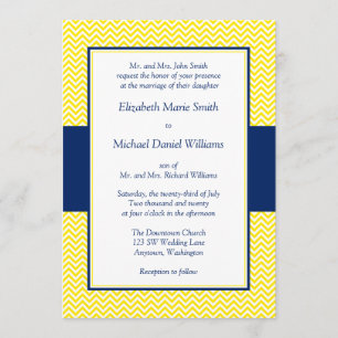 Navy Blue and Yellow Chevron Wedding Invitations