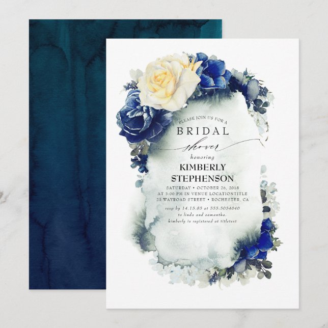 Navy Blue and Yellow Floral Bohemian Bridal Shower Invitation (Front/Back)