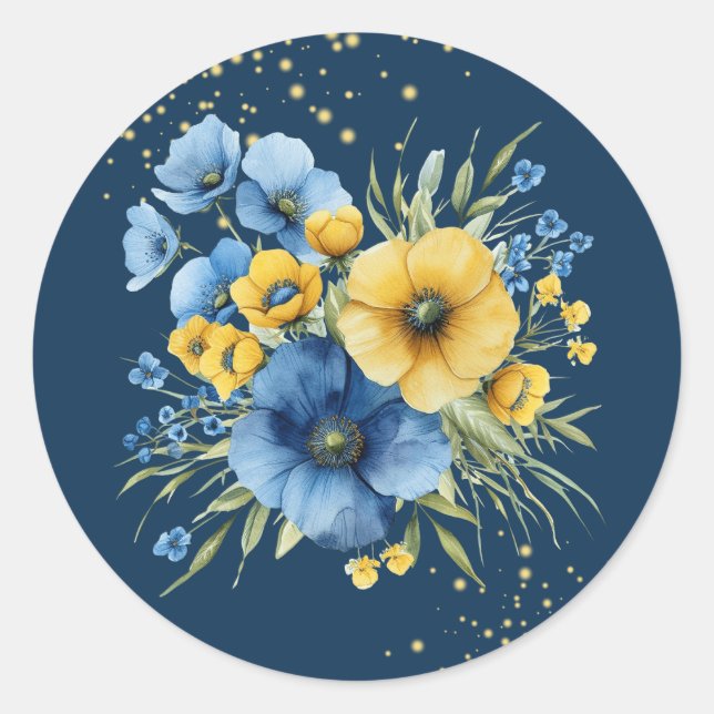 Navy Blue and Yellow Florals Gold Glitter Wedding Classic Round Sticker (Front)
