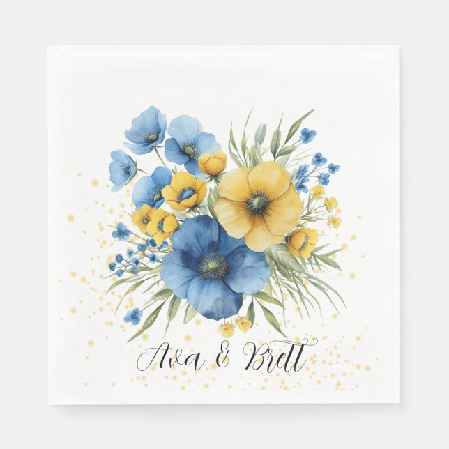 Navy Blue and Yellow Florals Gold Glitter Wedding Napkin (Front)