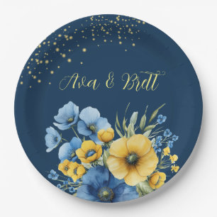 Navy Blue and Yellow Florals Gold Glitter Wedding Paper Plate