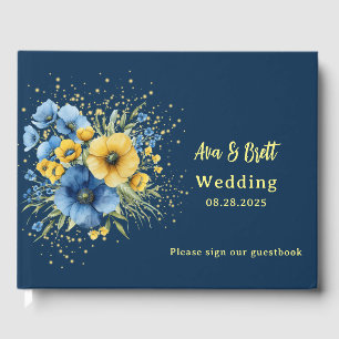 Navy Blue and Yellow Florals Gold Wedding Guest Book