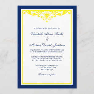 Navy Blue and Yellow Flourish Wedding Invitation