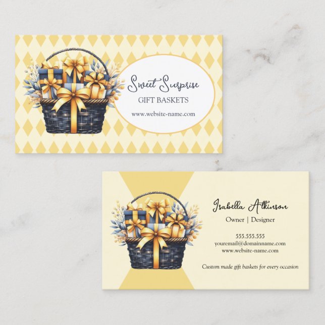 Navy Blue and Yellow Gift Basket Business Card (Front/Back)