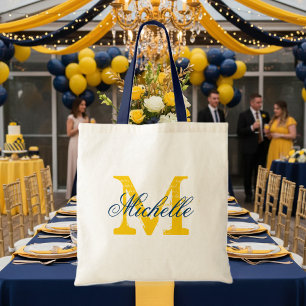 Navy blue and yellow monogram wedding tote bag