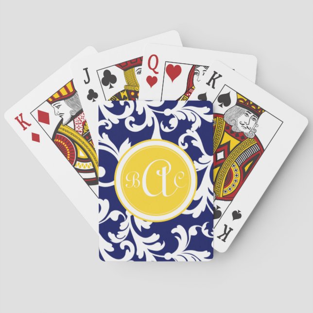 Navy Blue and Yellow Monogrammed Damask Print Playing Cards (Back)