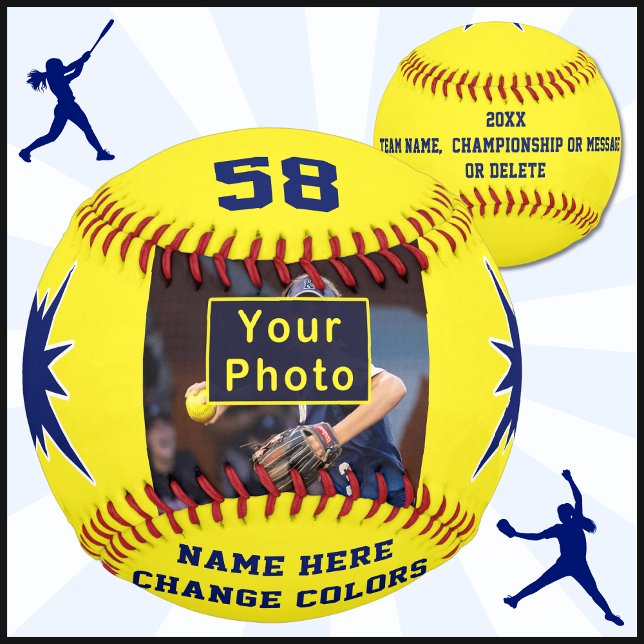 Navy Blue and Yellow PHOTO Custom Softball (Customizable Softballs. Personalized Softball Gifts for Players. Softball senior night gifts. Ball.)
