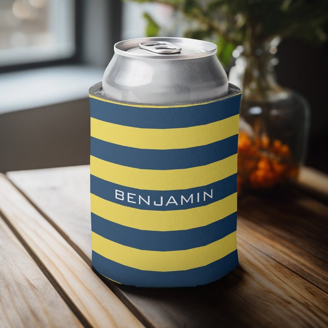 Navy Blue and Yellow Rugby Stripes Custom Name Can Cooler (Personalized Can Cooler - Add Custom Text or Name)