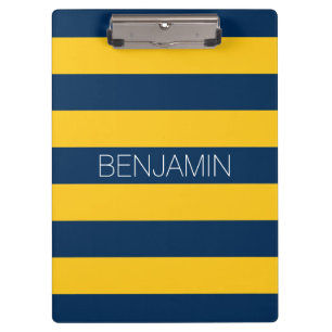 Navy Blue and Yellow Rugby Stripes Custom Name Clipboard