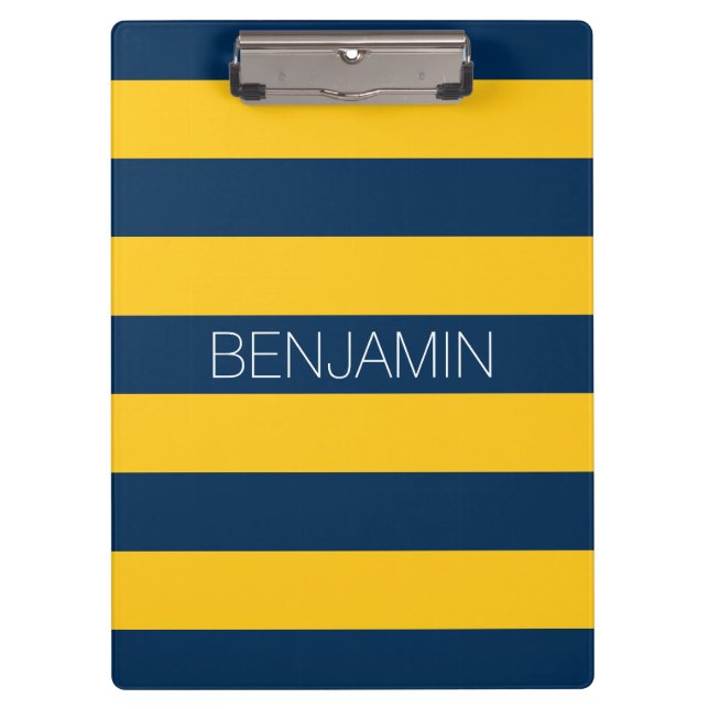 Navy Blue and Yellow Rugby Stripes Custom Name Clipboard (Front)