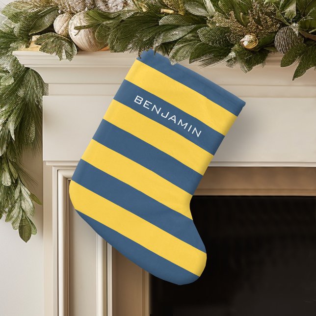 Navy Blue and Yellow Rugby Stripes Custom Name Large Christmas Stocking (Personalized Christmas Stocking)