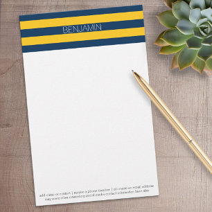 Navy Blue and Yellow Rugby Stripes Custom Name Stationery