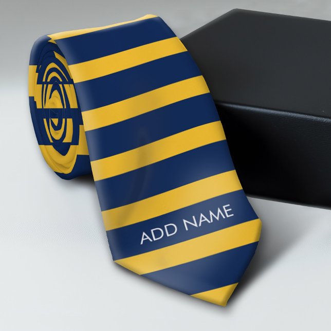 Navy Blue and Yellow Rugby Stripes Custom Name Tie (Custom Tie)
