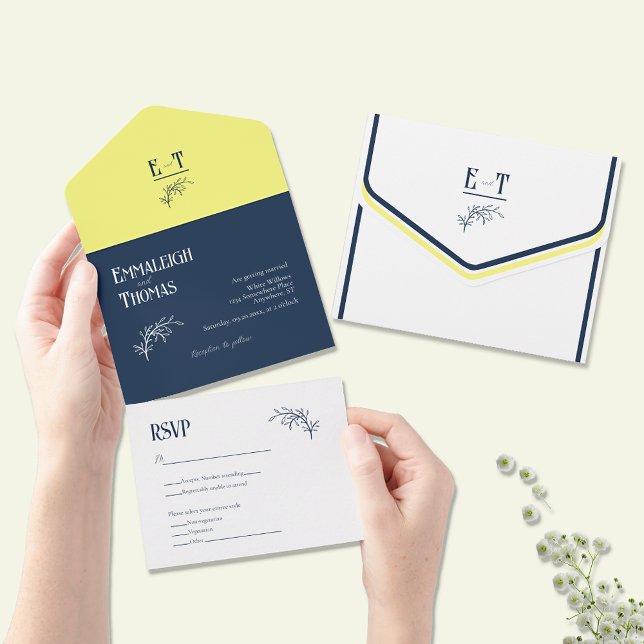 Navy Blue and Yellow Simple Modern Wedding All In One Invitation (Creator Uploaded)