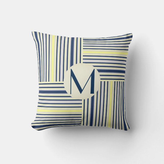 Navy Blue and Yellow Stripe Block Monogram Pillow (Front)