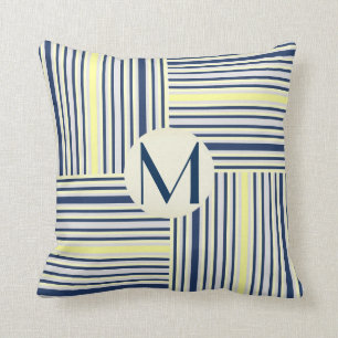 Navy Blue and Yellow Stripe Block Monogram Pillow