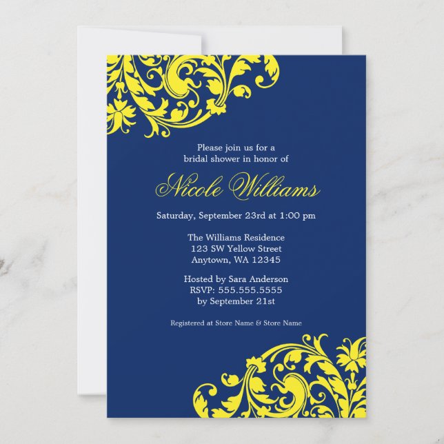 Navy Blue and Yellow Swirl Flourish Bridal Shower Invitation (Front)