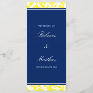 Navy Blue and Yellow Swirls Damask Wedding Program