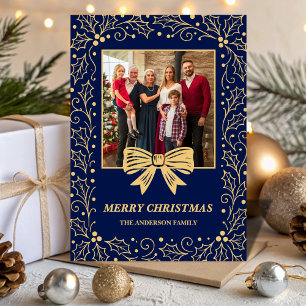 Navy Blue Antique Gold Bow Family Christmas Photo Holiday Card