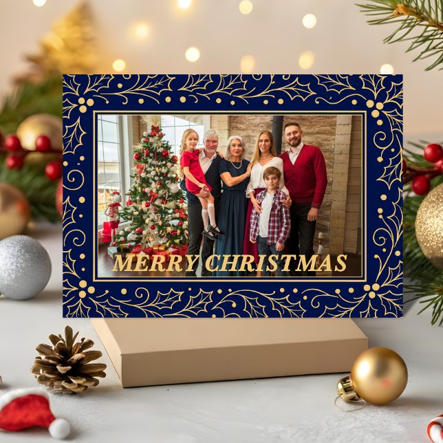 Navy Blue & Antique-Gold Family Christmas Photo Holiday Card (Creator Uploaded)
