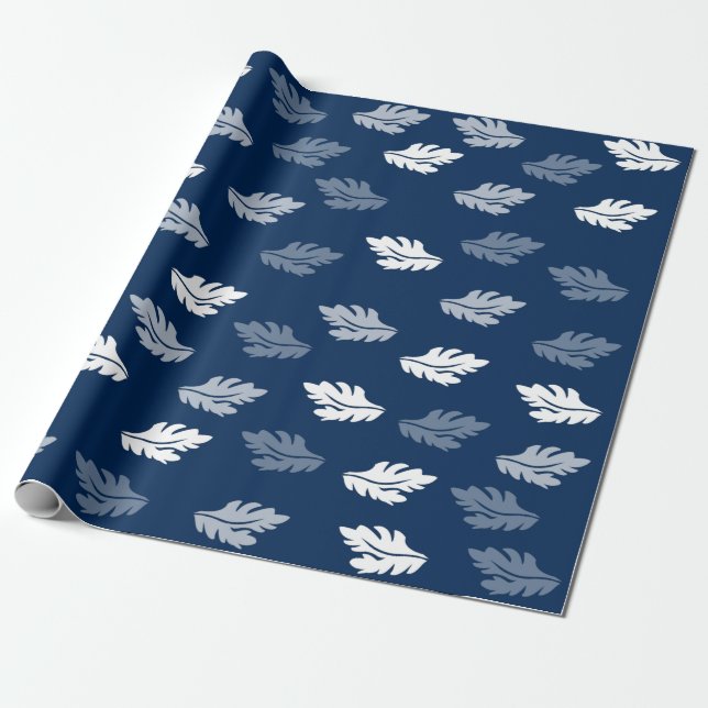 Navy Blue Antique Leaves Pattern  Wrapping Paper (Unrolled)