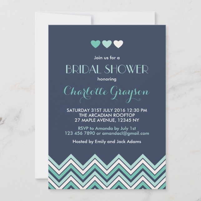 Navy Blue Aqua Chevron Bridal Shower Invitation (Front)