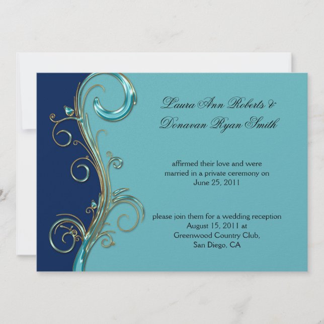 Navy Blue Aqua Gold Ornate Post Wedding Invitation (Front)