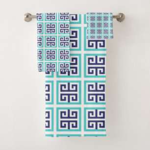 Navy Blue Aqua Greek Pattern Bath Towel Set