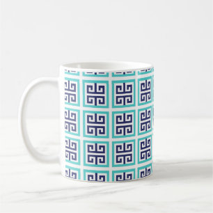 Navy Blue Aqua Greek Pattern Coffee Mug