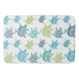 Navy Blue Aqua Lime Green Sea Turtles Pattern Bath Mat