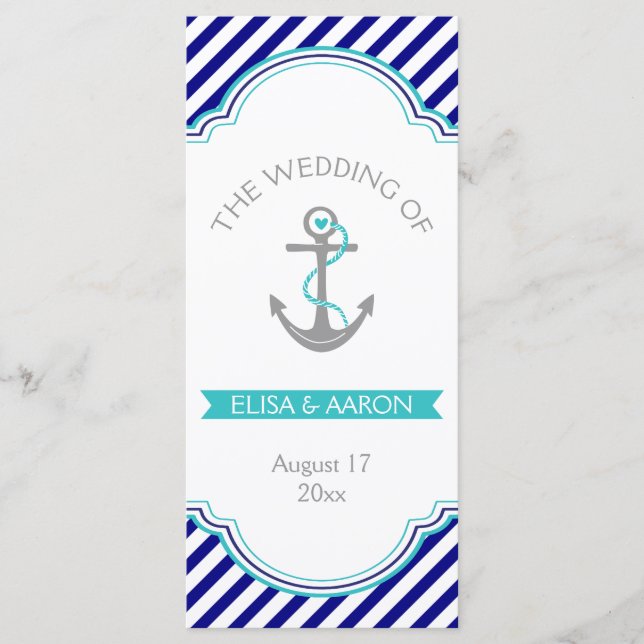 Navy blue, aqua nautical wedding program (Front)