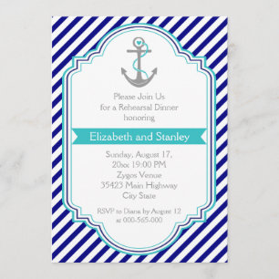 Navy blue, aqua nautical wedding rehearsal dinner invitation