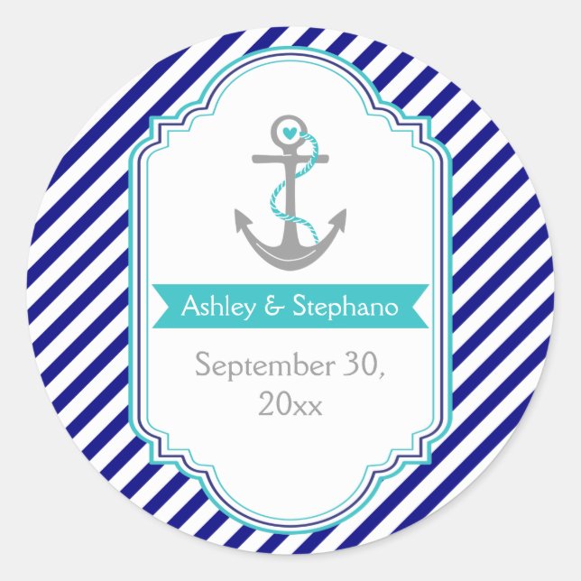 Navy blue, aqua nautical wedding Save the Date Classic Round Sticker (Front)