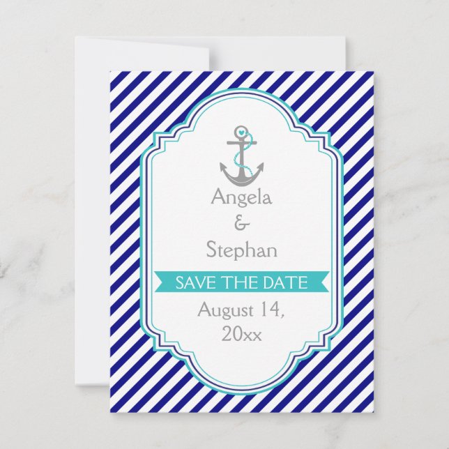 Navy blue, aqua nautical wedding Save the Date Invitation (Front)
